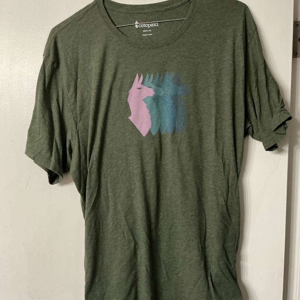 cotopaxi Olive Green Short Sleeve Tee with Pink and Teal Graphic